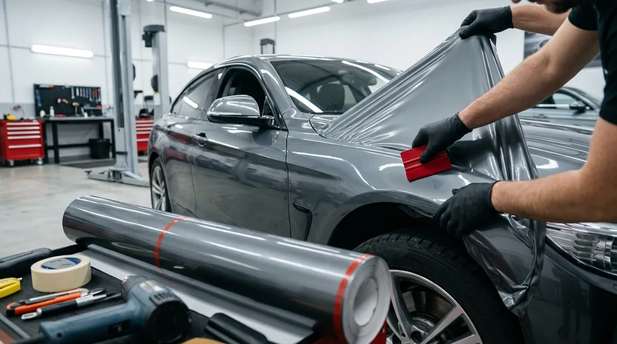 Pose d'un film de covering sur la carrosserie d'un véhicule en atelier