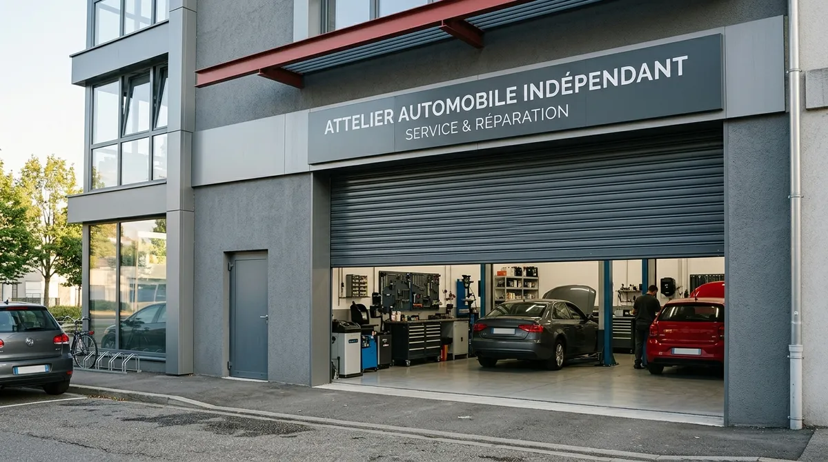 Devanture d'un garage automobile indépendant, rideau métallique ouvert sur l'atelier