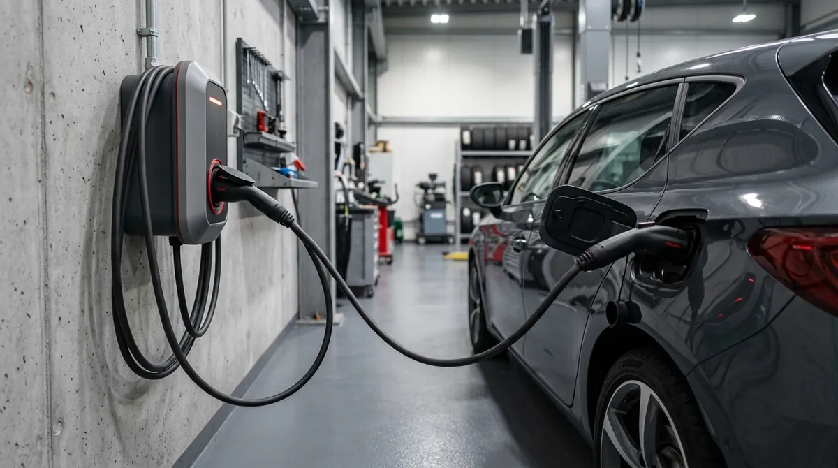 Borne de recharge murale et véhicule électrique en charge dans un atelier de garage