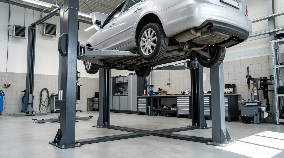 Pont élévateur hydraulique soulevant une voiture dans un atelier de garage