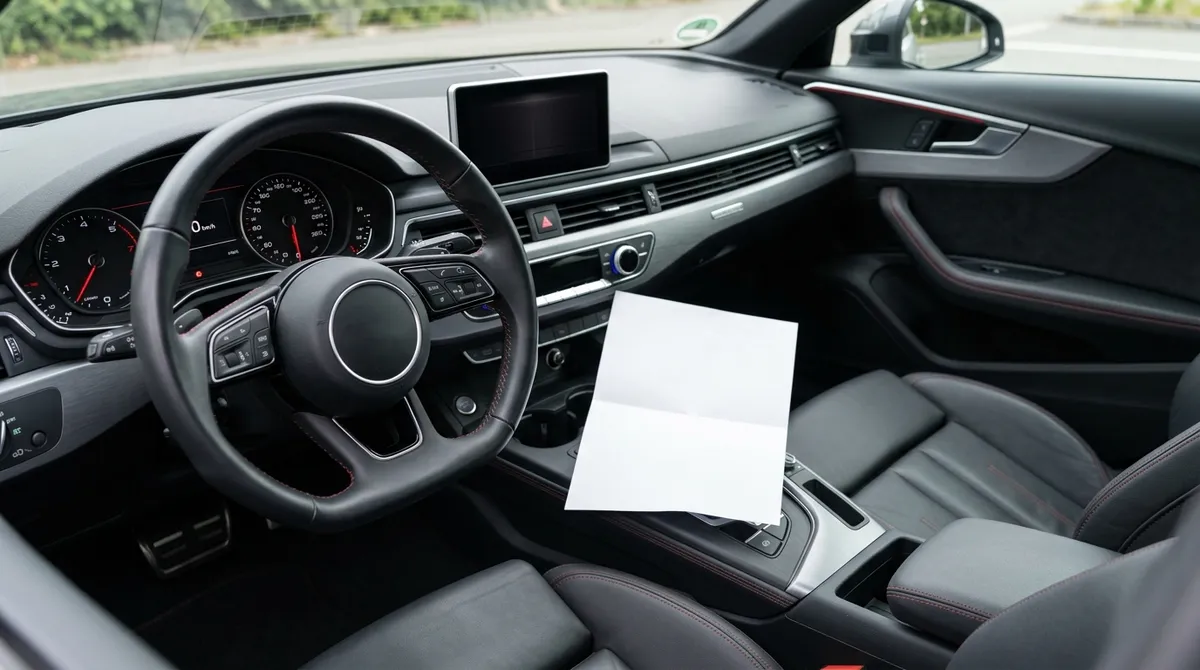 Document d'assurance automobile vierge posé sur le tableau de bord d'un véhicule