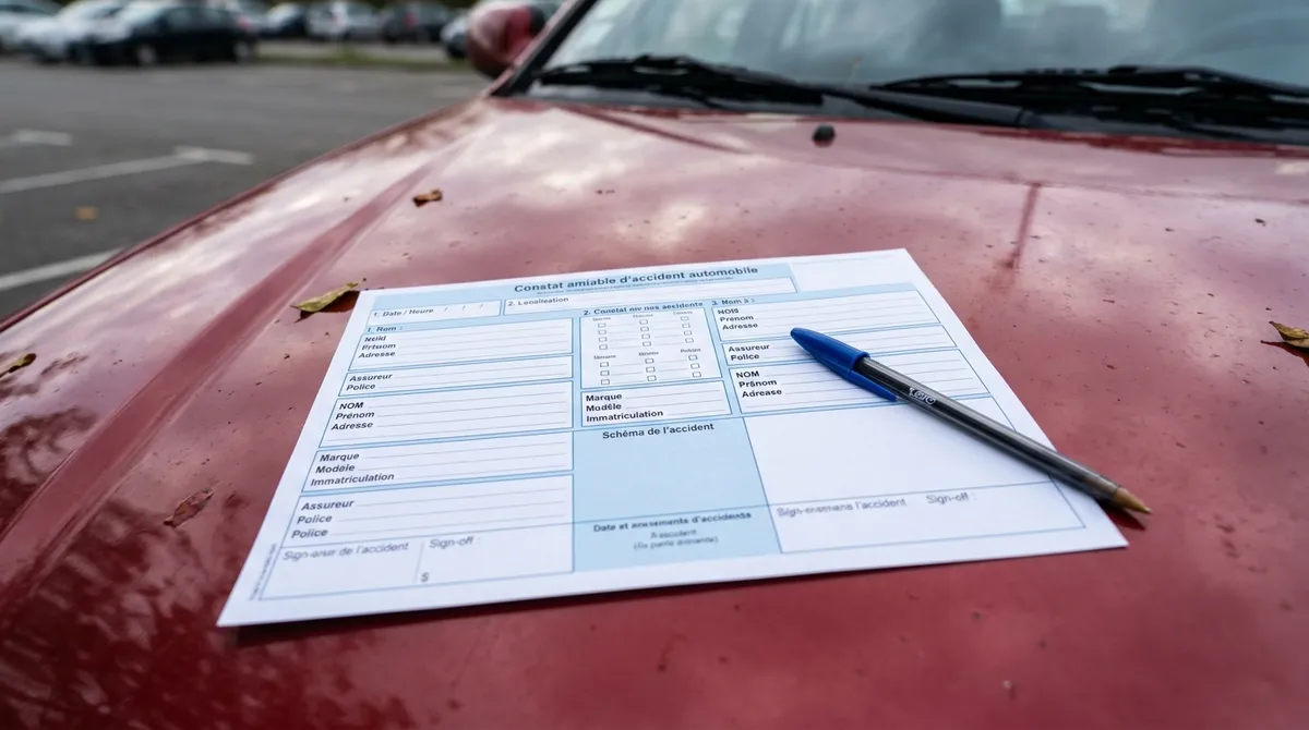 Constat amiable vierge et stylo posés sur le capot d'une voiture