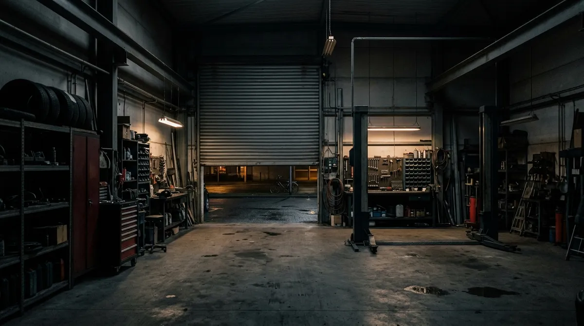 Atelier de garage vide et à l'arrêt après un sinistre