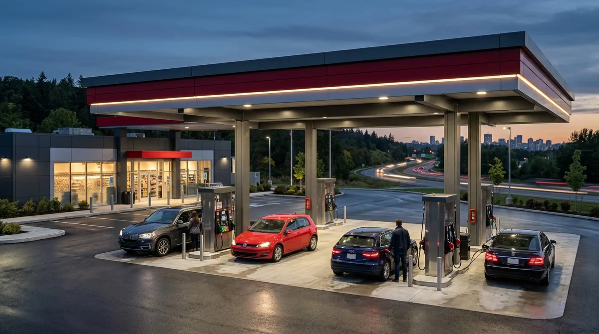 Station-service moderne avec pompes à carburant au crépuscule