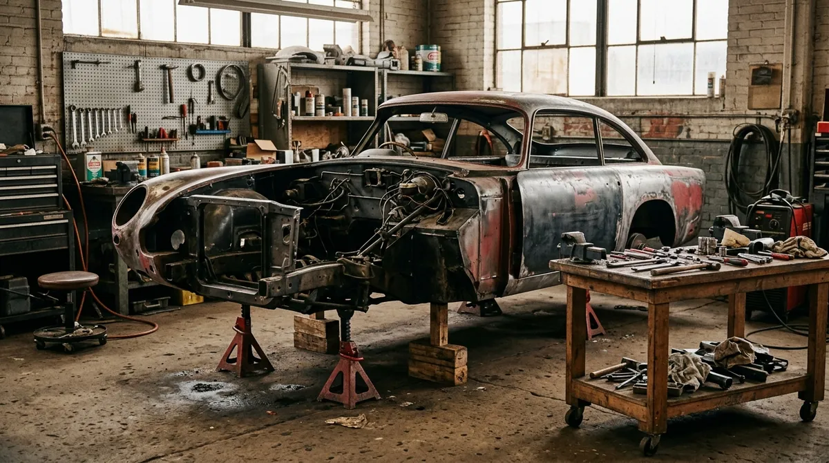 Voiture de collection ancienne en cours de restauration dans un atelier de garage