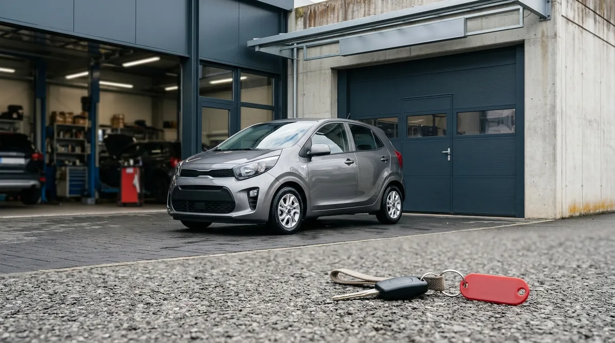 Voiture de courtoisie propre garée devant un garage automobile