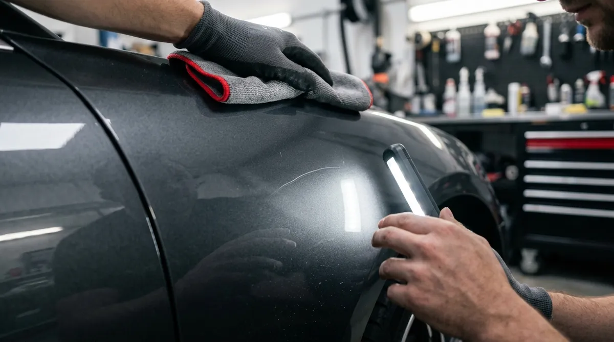 Carrosserie de voiture avec une légère rayure inspectée en atelier