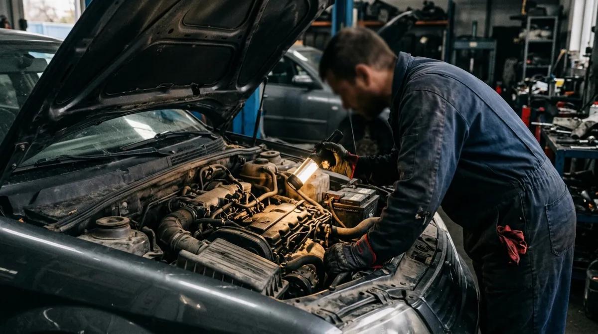 Inspection sous le capot d'une voiture d'occasion avant vente
